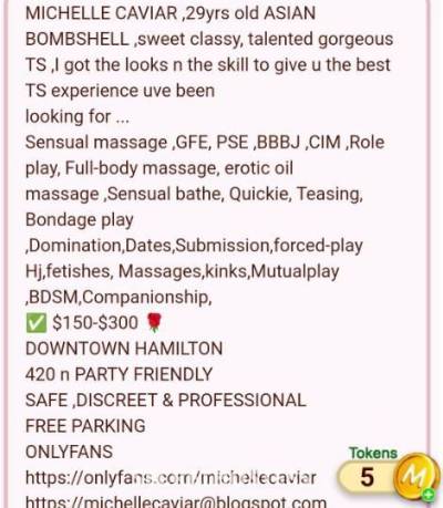 29 year old Asian Escort in Hamilton Live out your fantasy w/me? michelle caviar